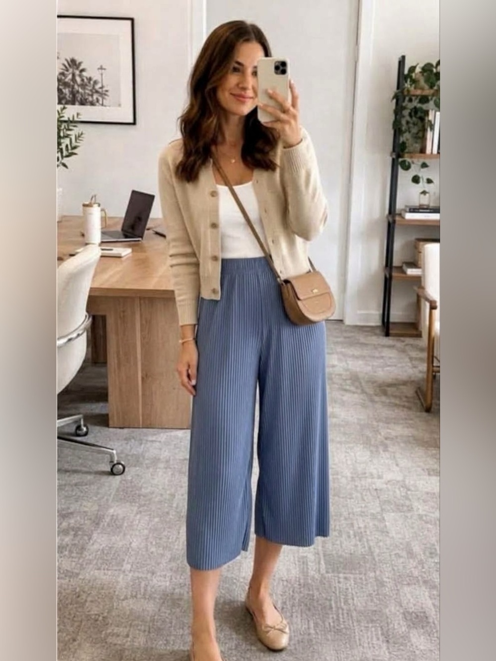 Oak + Fort Pleated Lounge Pant Wide Leg Cropped Pants Blue Small